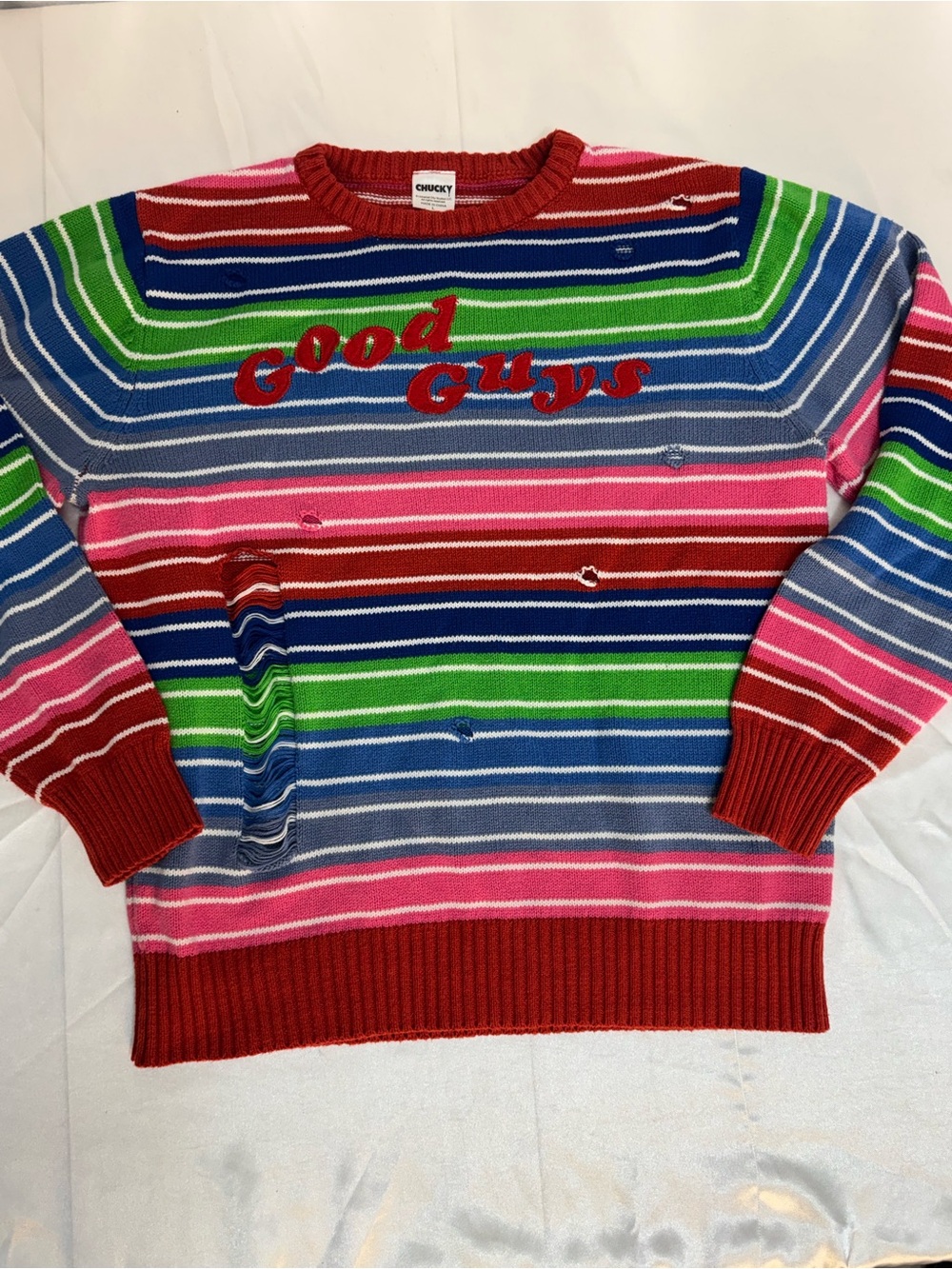Spirit Chucky Good Guys Child’s Play Striped Distressed Crewneck Sweater